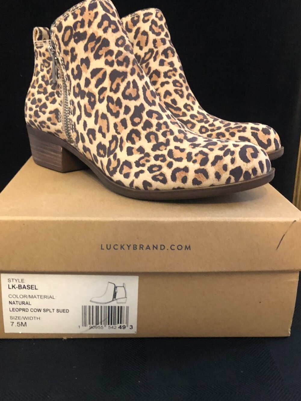 Lucky Brand Basel Leopard Print Cow Suede Ankle Booties Size 7.5